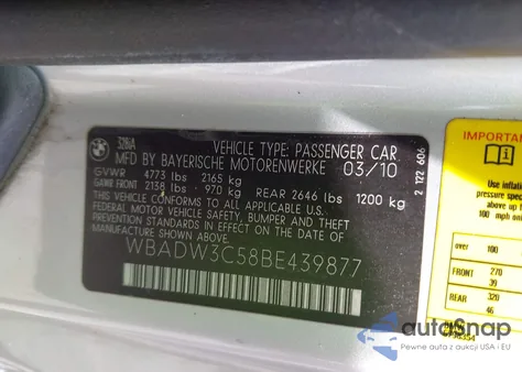 2011 BMW 328I из США, поврежденный, VIN WBADW3C58BE439877